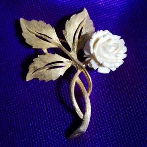 Vintage rose brooch carved off white gold tone metal flower pin